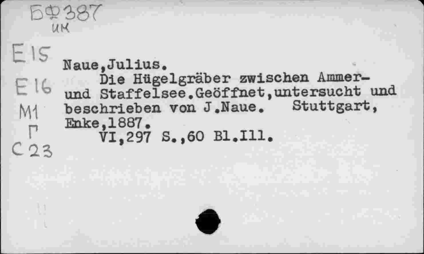 ﻿UK
Eis
Є IC мг г с az
Naue,Julius.
Die Hügelgräber zwischen Ammer-und Staffelsee.Geöffnet,untersucht und beschrieben von J.Naue. Stuttgart, Enke,1887.
VI,297 S.,6O Bl.Ill.